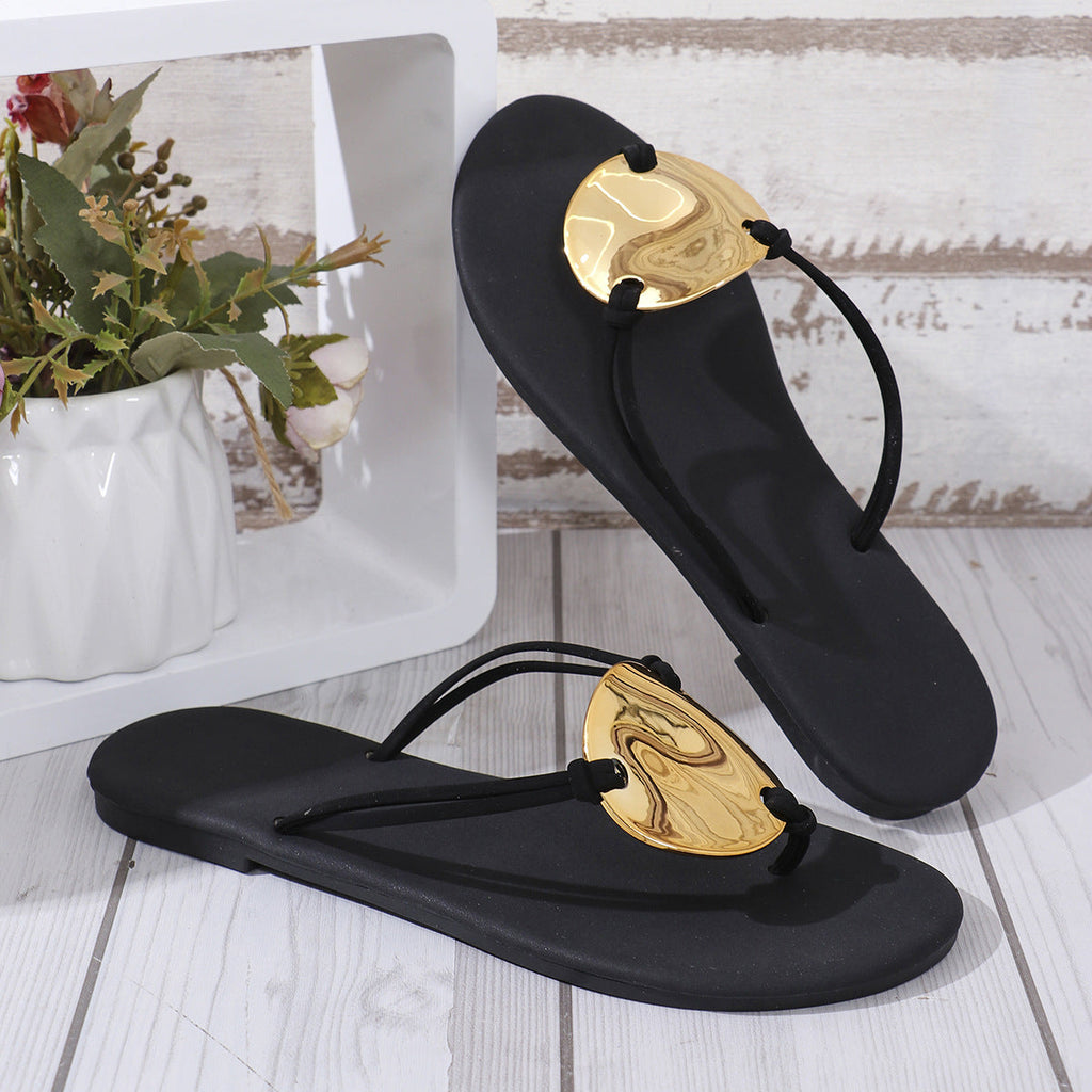 Women's Metallic Gold Disc Thong Flat Sandals – Comfortable Summer Flip Flops