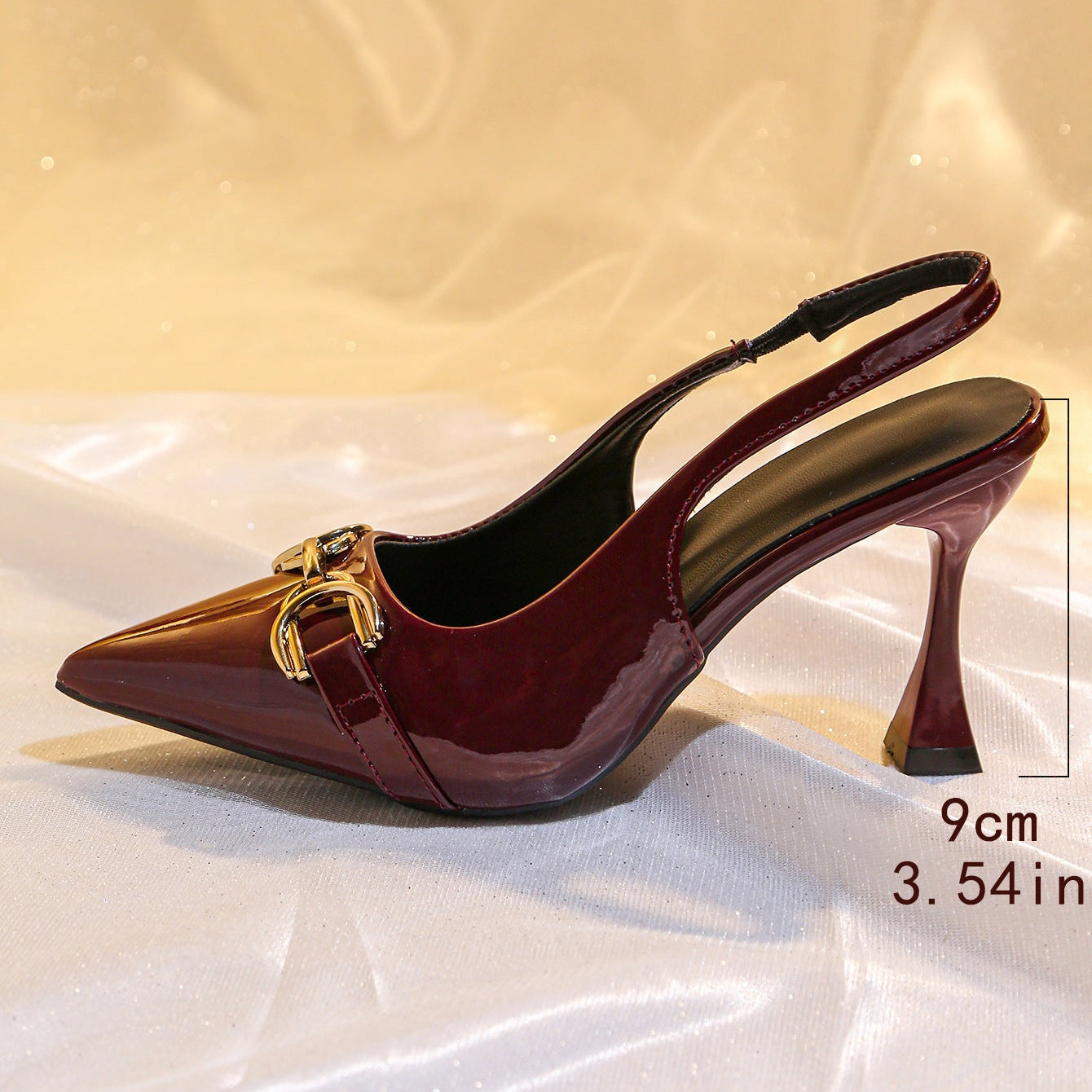 Women's Pointed Toe Slingback Kitten Heels with Gold Buckle Patent Leather Pumps