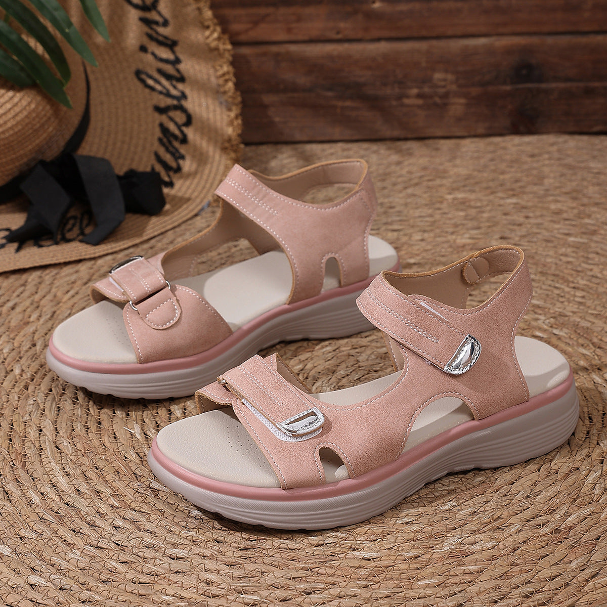 Women's Comfort Platform Sandals with Adjustable Velcro Straps – Lightweight Casual Summer Shoes