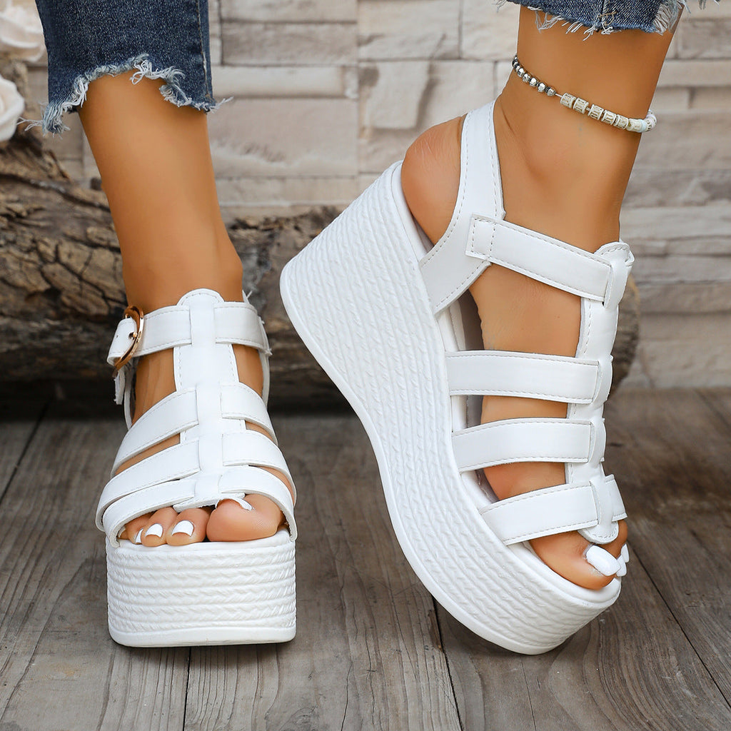 Women's Strappy Platform Wedge Sandals with Buckle – Chunky Peep Toe Summer Shoes