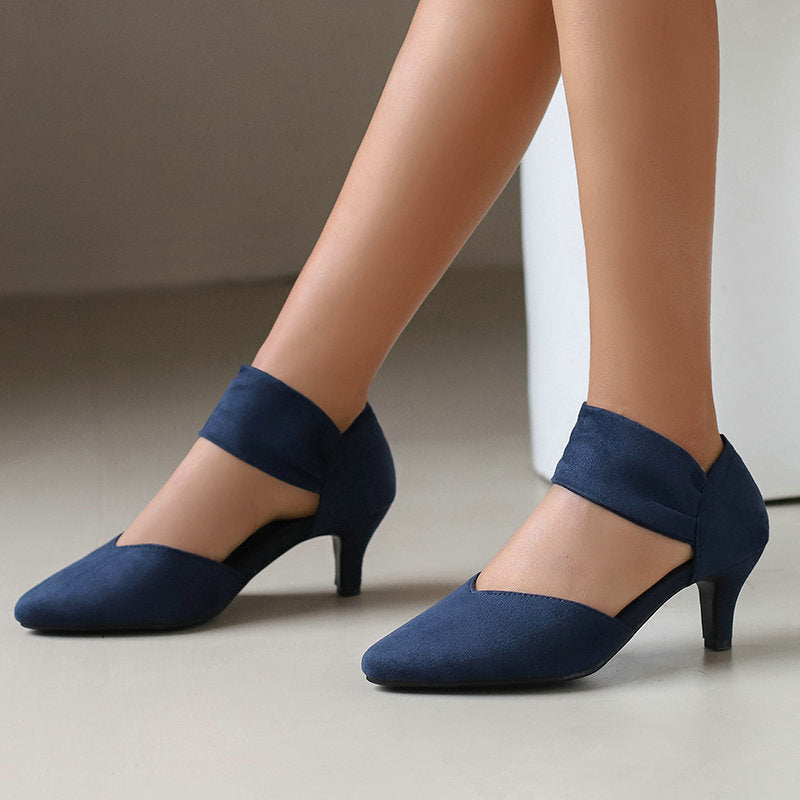 Women Pointed Toe Kitten Heel Ankle Strap Pumps - Suede Low Heel Dress Shoes