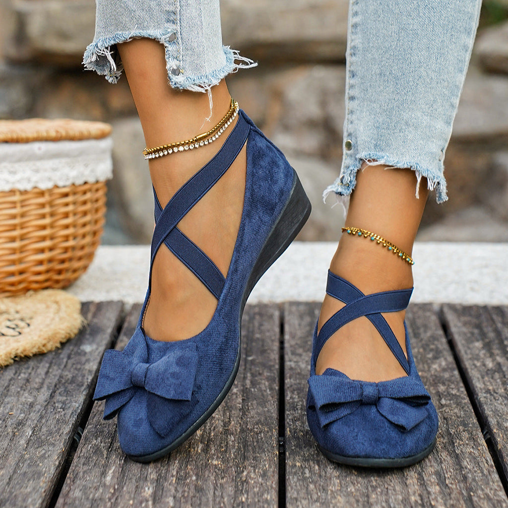 Women Bow Wedge Shoes Criss Cross Strap Suede Mary Jane Flats