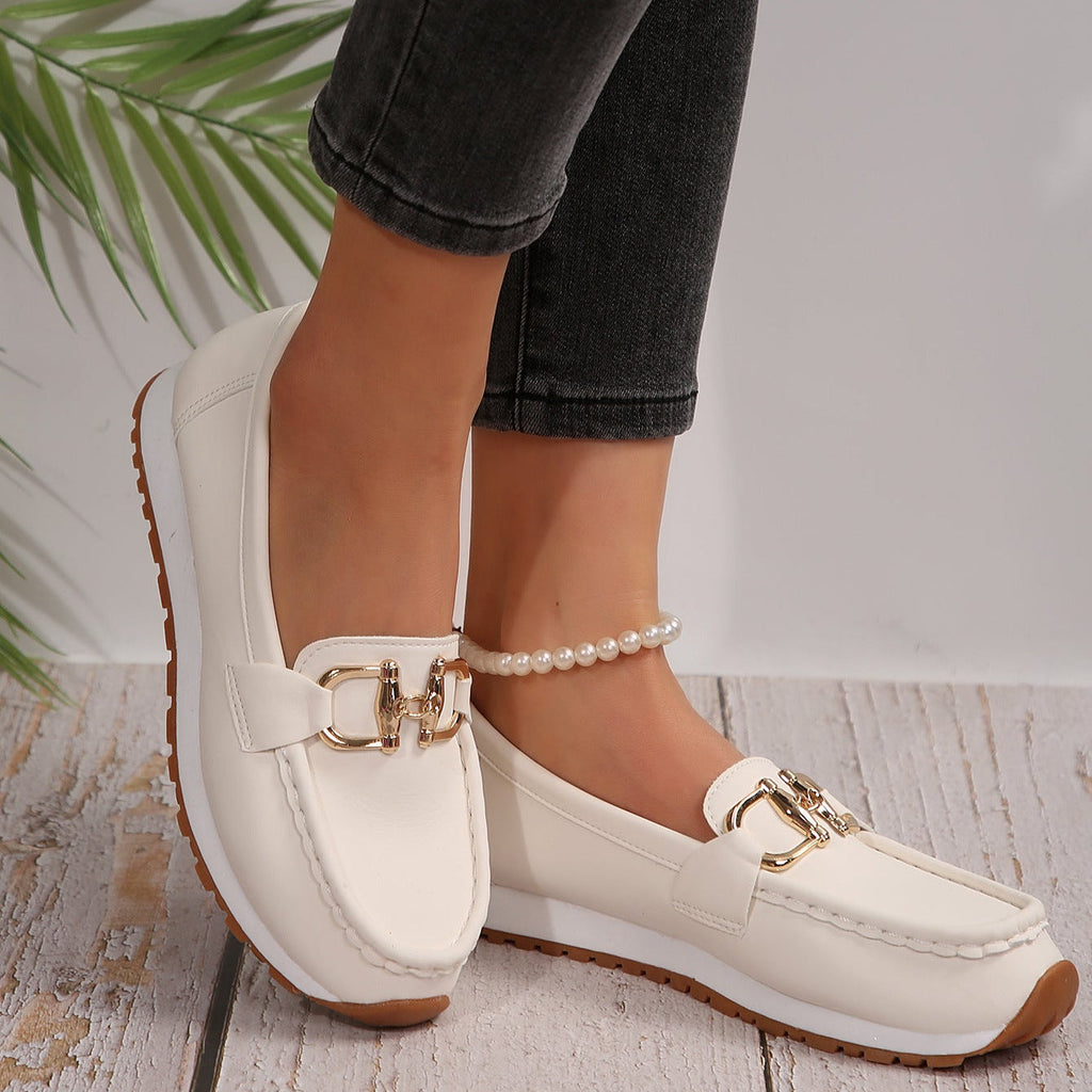 Women's Casual Loafers with Gold Buckle – Comfortable Platform Slip-On Shoes