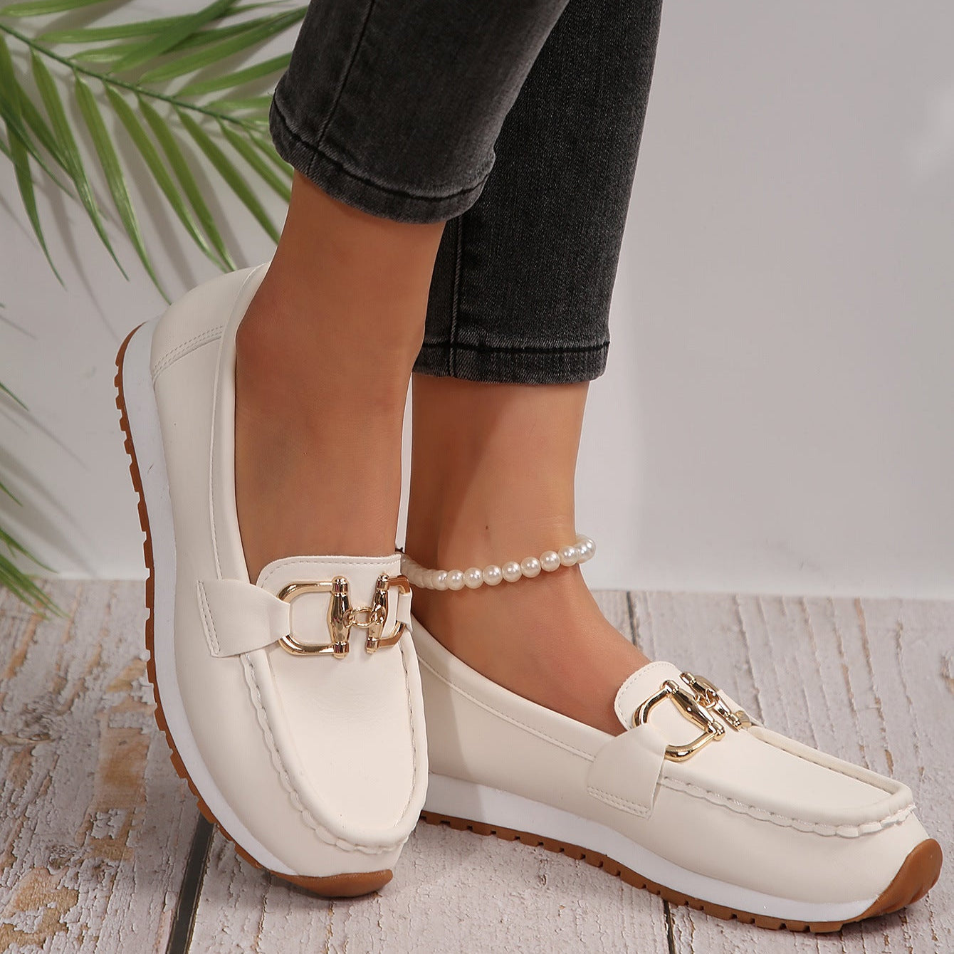 Women's Casual Loafers with Gold Buckle – Comfortable Platform Slip-On Shoes