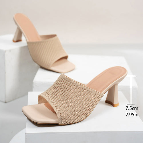 Ribbed Knit Square Toe Block Heel Mules – Comfortable Slip-On Sandals