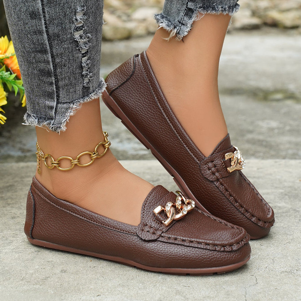 Women's Classic Chain Loafers with Gold Buckle Ornament – Comfortable Casual Slip-On Flats
