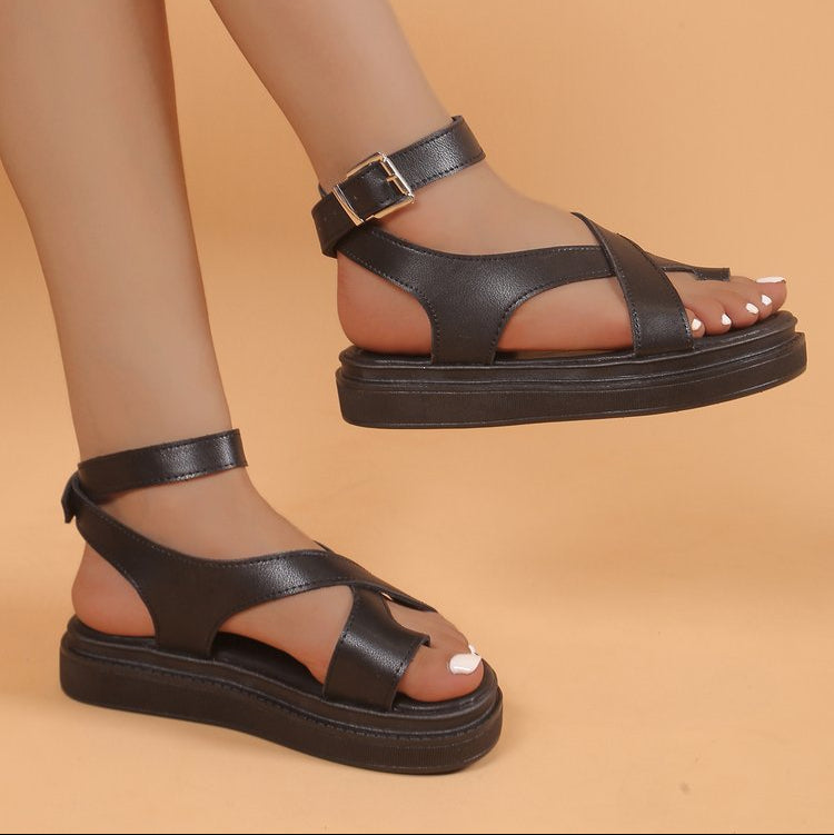 Women's Platform Criss-Cross Sandals with Ankle Buckle Strap – Chunky Sole Open Toe Flats