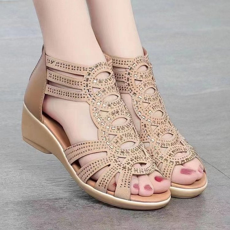 Women Peep Toe Cutout Wedge Sandals Rhinestone Hollow Out Gladiator Style Shoes