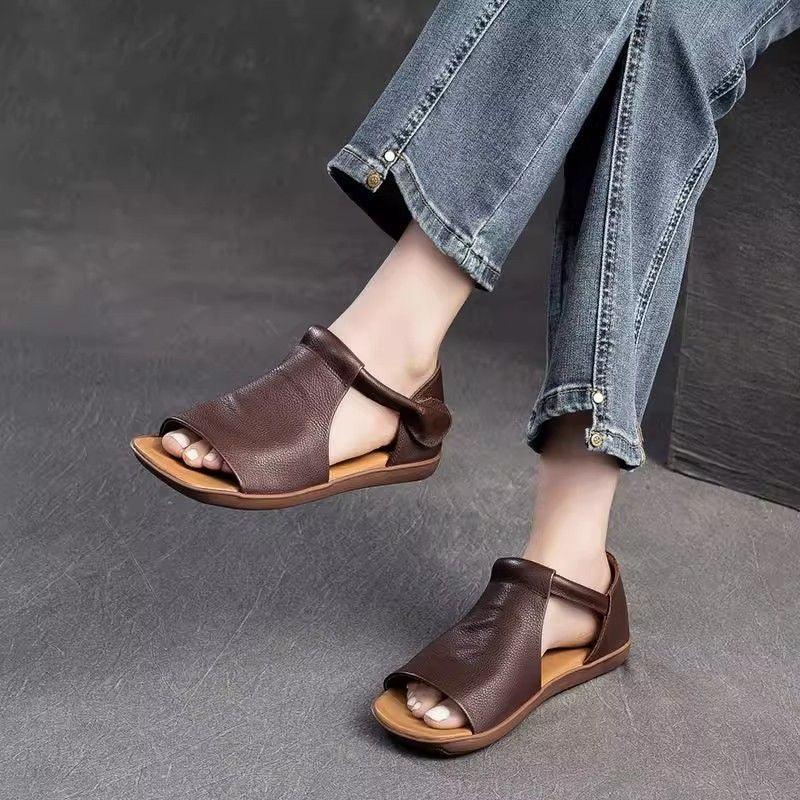 Women Pebbled Leather Open Toe Ankle Strap Flat Sandals - Comfort Casual Summer Shoes