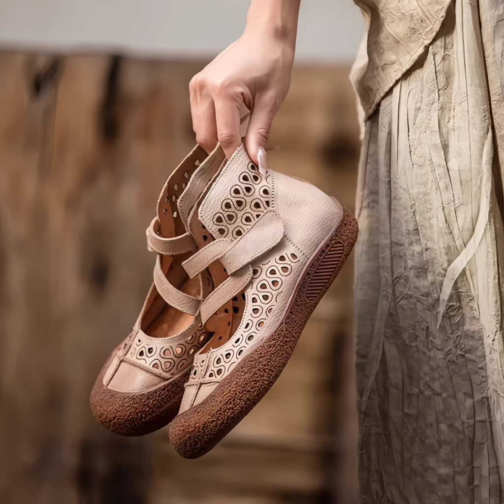 Women Retro Leather Cutout Mary Jane Shoes - Comfortable Breathable Wedge Sandals