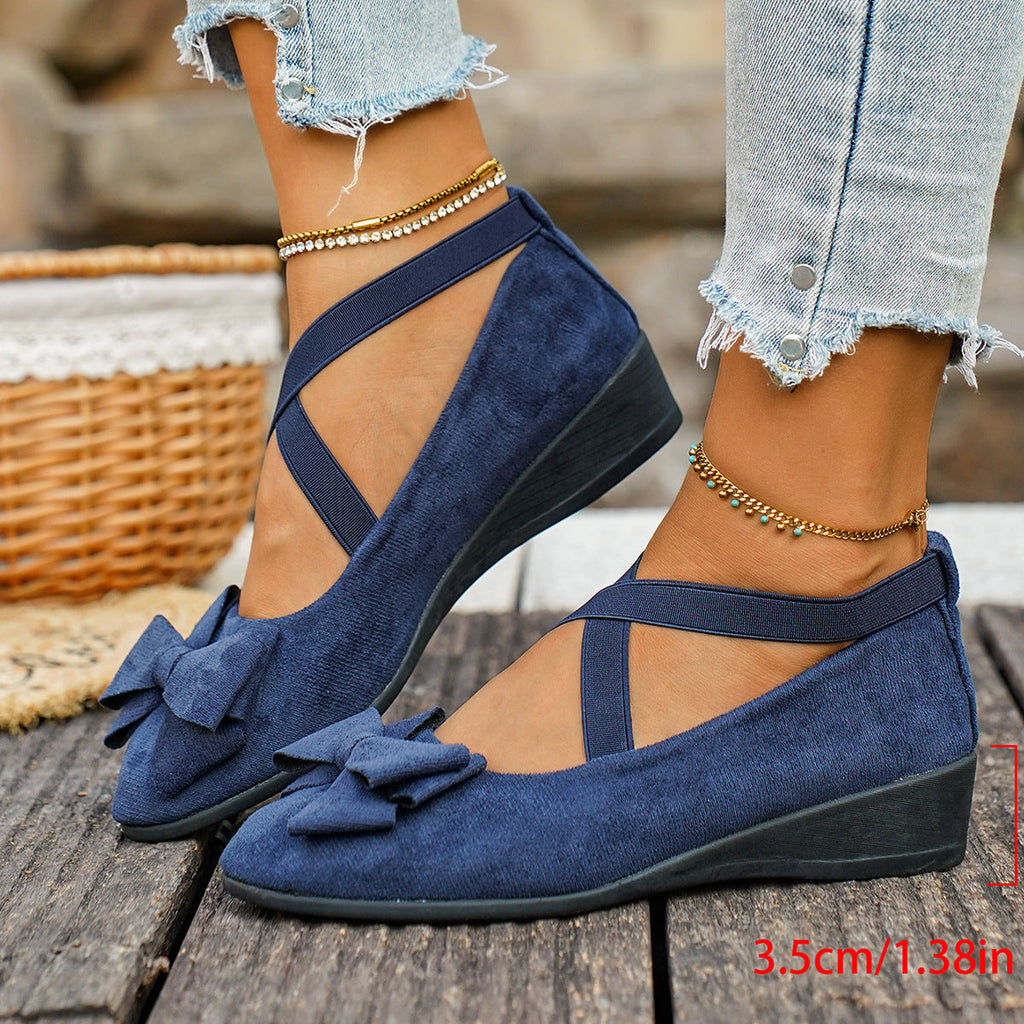 Women Bow Wedge Shoes Criss Cross Strap Suede Mary Jane Flats