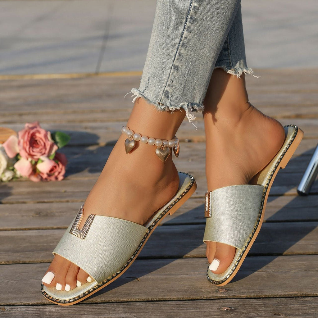 Women's Square Toe Slide Sandals with Gold U-Buckle Ornament – Studded Flat Slippers