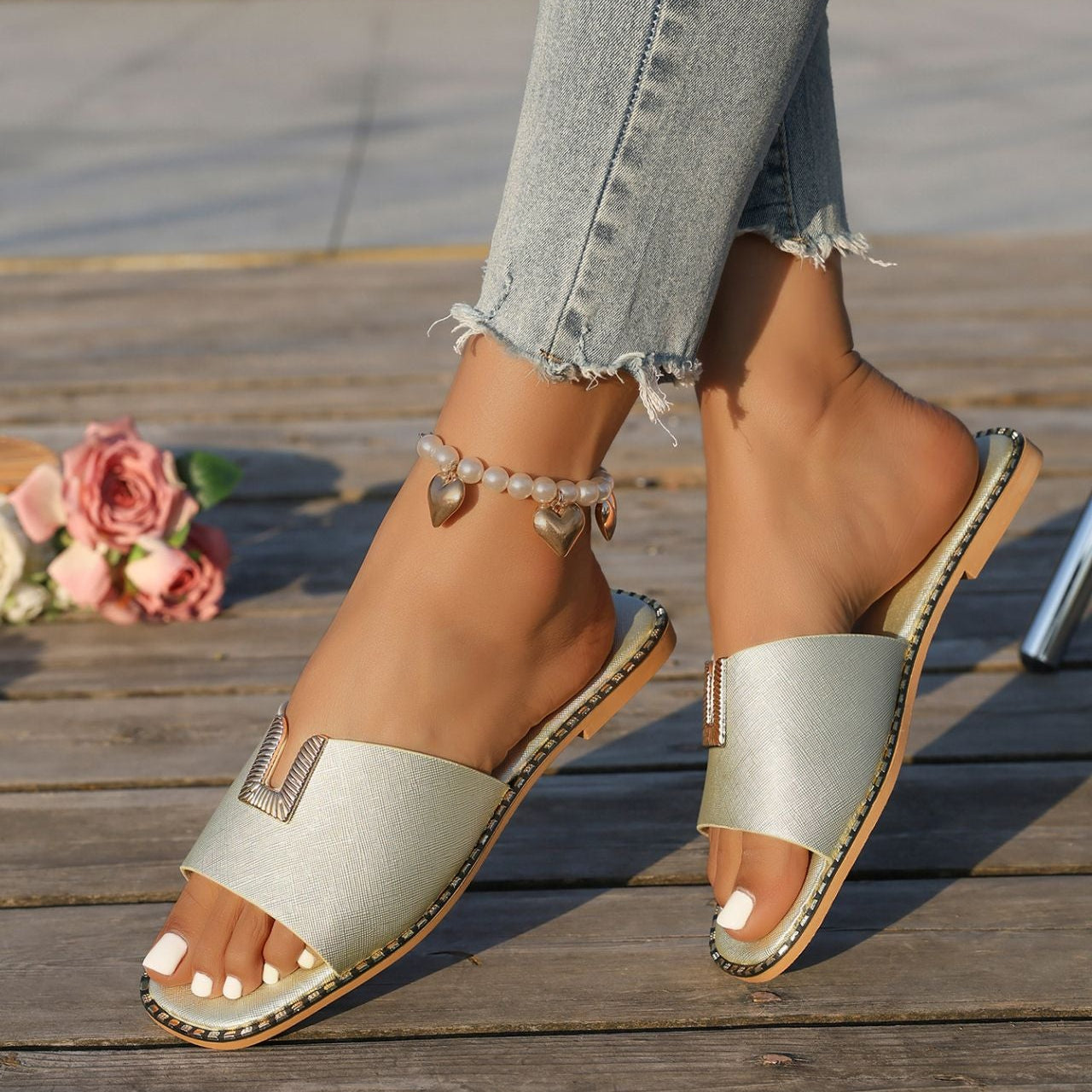 Women's Square Toe Slide Sandals with Gold U-Buckle Ornament – Studded Flat Slippers