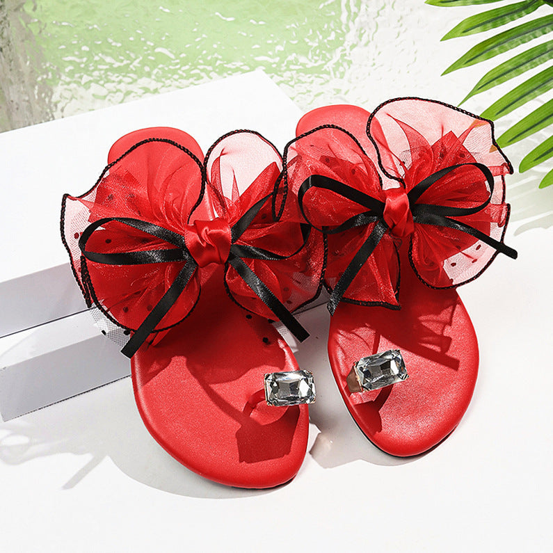 Women’s Bowknot Flat Sandals with Crystal Toe Ring Summer Beach Slides