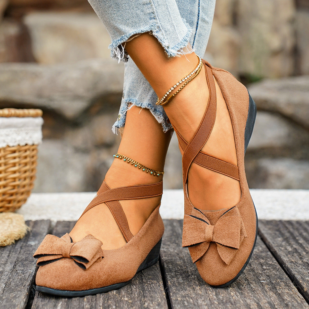 Women Bow Wedge Shoes Criss Cross Strap Suede Mary Jane Flats