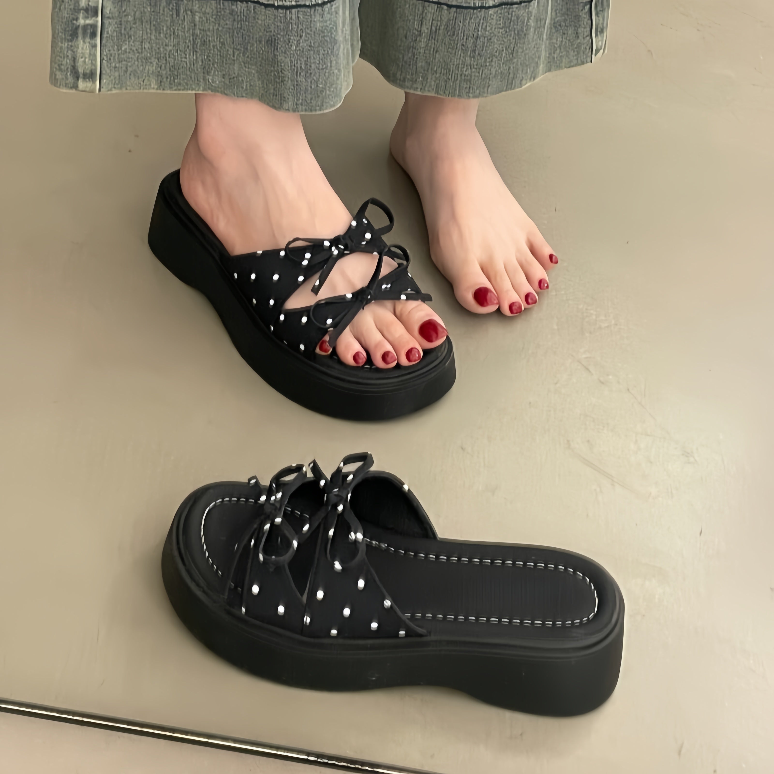 Polka Dot Bow Platform Slide Sandals Women - Chunky Thick Sole Summer Slippers