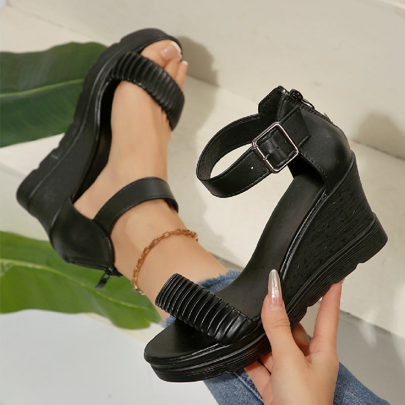 Women's Black Platform Wedge Sandals with Ankle Buckle Strap – Comfortable Chunky Summer Shoes