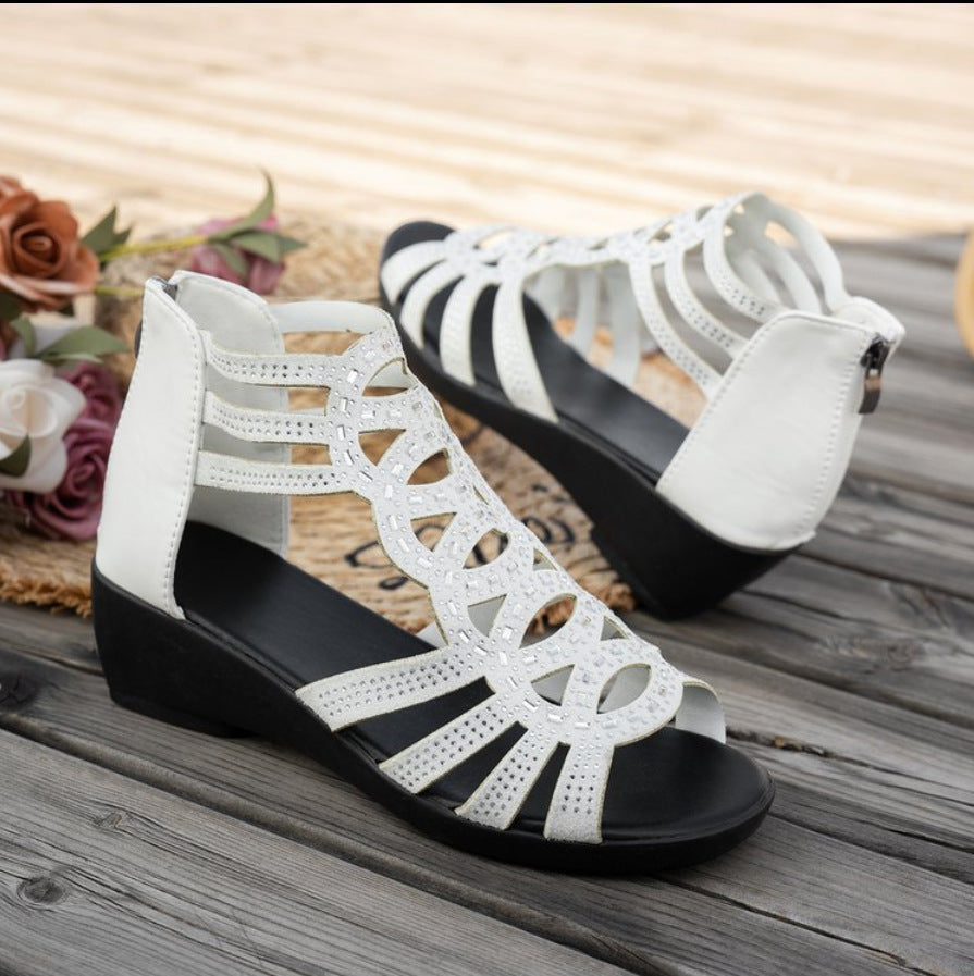 Women Peep Toe Cutout Wedge Sandals Rhinestone Hollow Out Gladiator Style Shoes