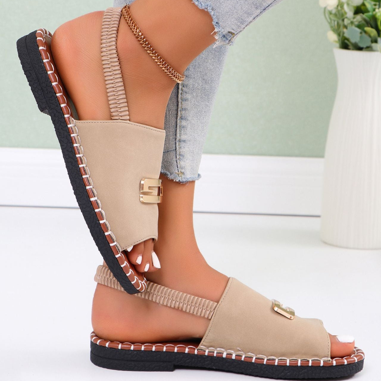 Women’s Platform Slide Sandals with Gold Buckle Peep Toe Comfort Summer Shoes