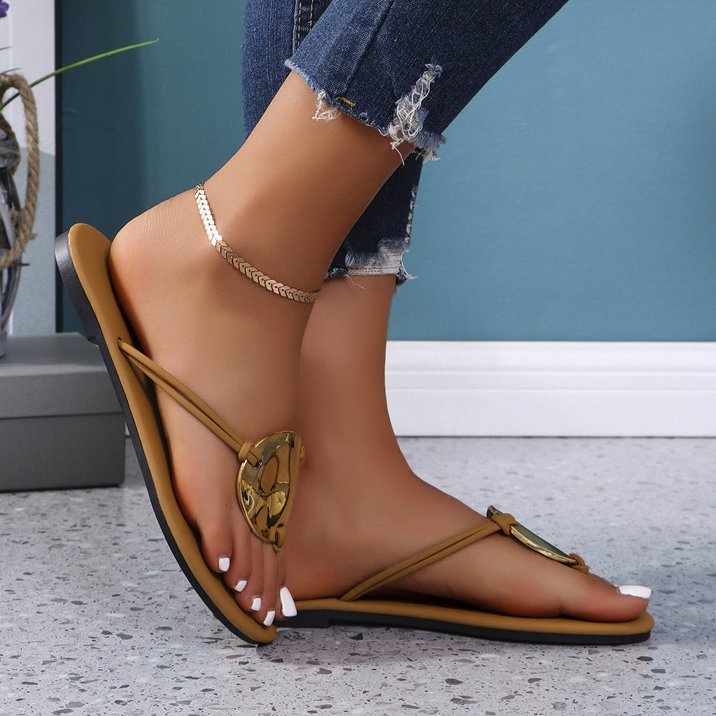 Women's Metallic Gold Disc Thong Flat Sandals – Comfortable Summer Flip Flops