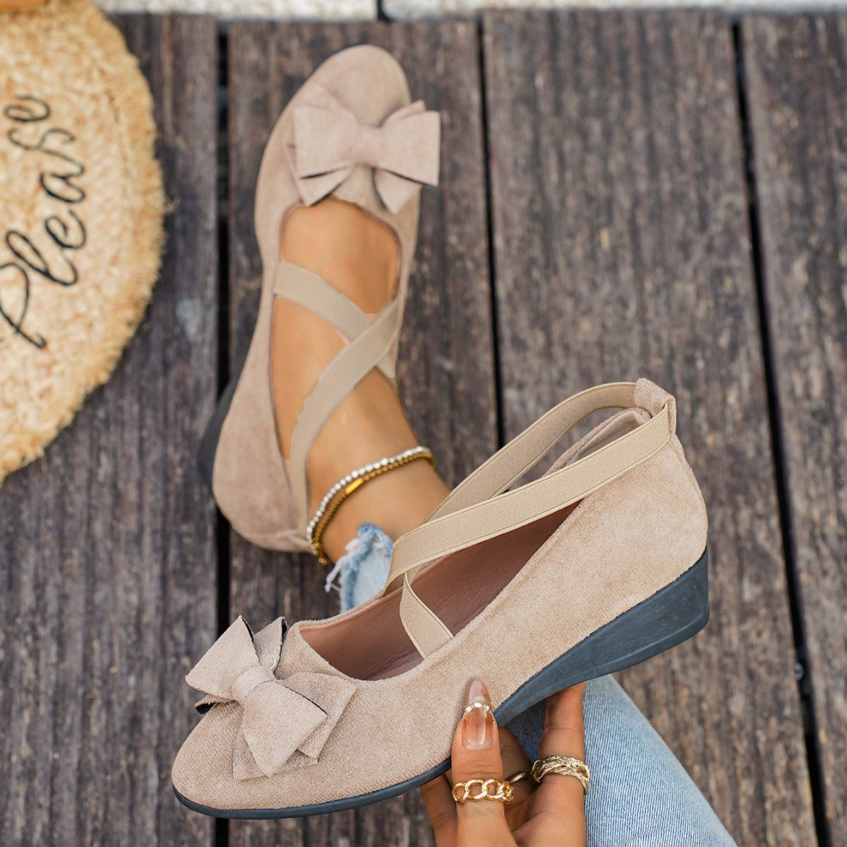 Women Bow Wedge Shoes Criss Cross Strap Suede Mary Jane Flats