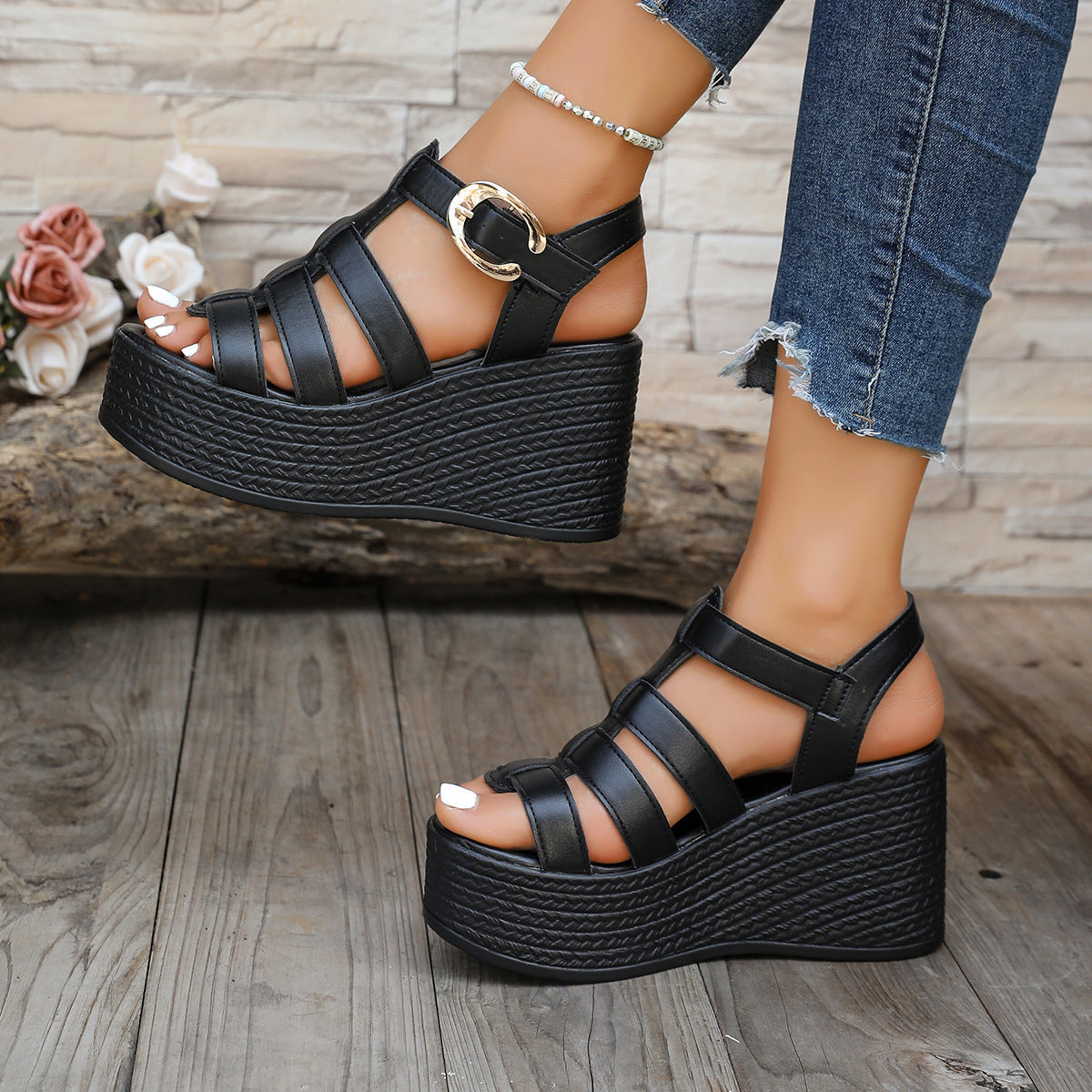 Women's Strappy Platform Wedge Sandals with Buckle – Chunky Peep Toe Summer Shoes