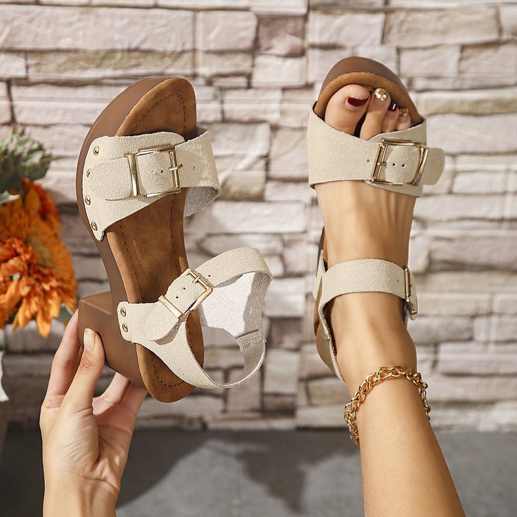 Chunky Platform Block Heel Sandals with Buckle Straps – Suede Peep Toe Mules