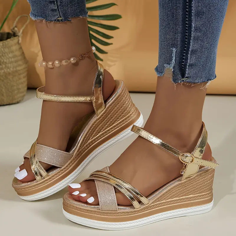 Women Platform Wedge Sandals Criss Cross Straps Ankle Buckle Summer Shoes