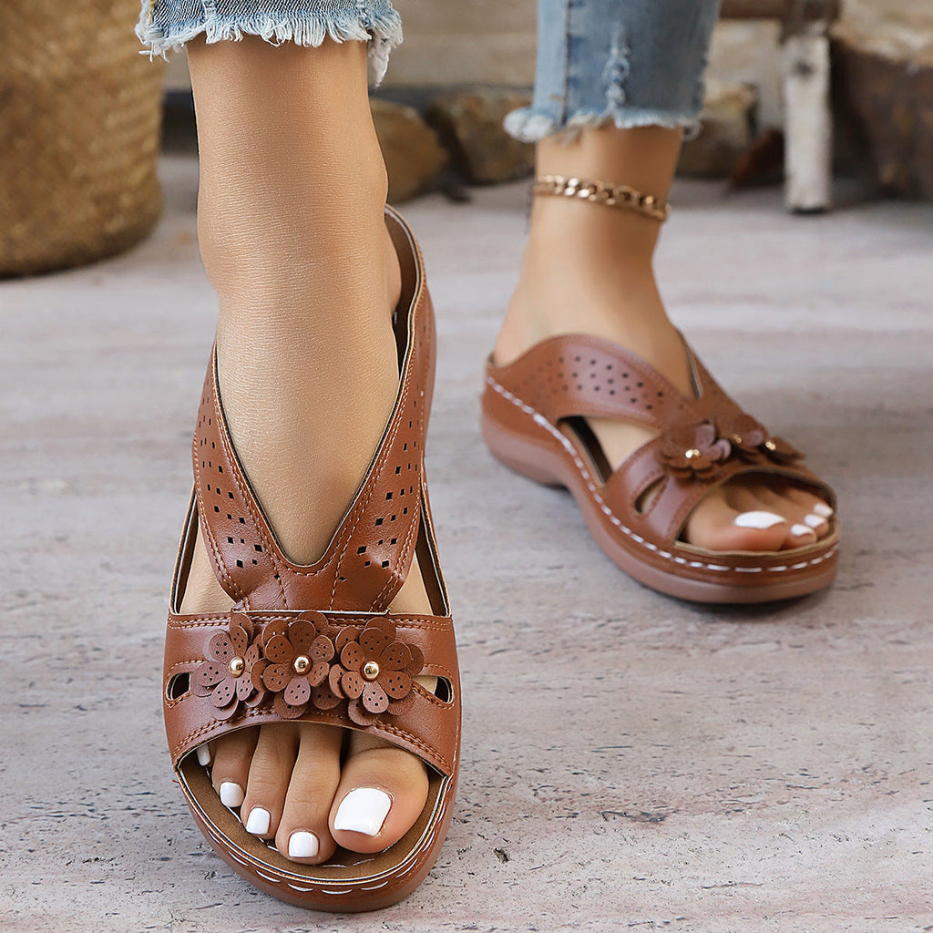 Women’s Platform Slide Sandals with Flower Embellishment – Perforated Breathable Comfort Wedges