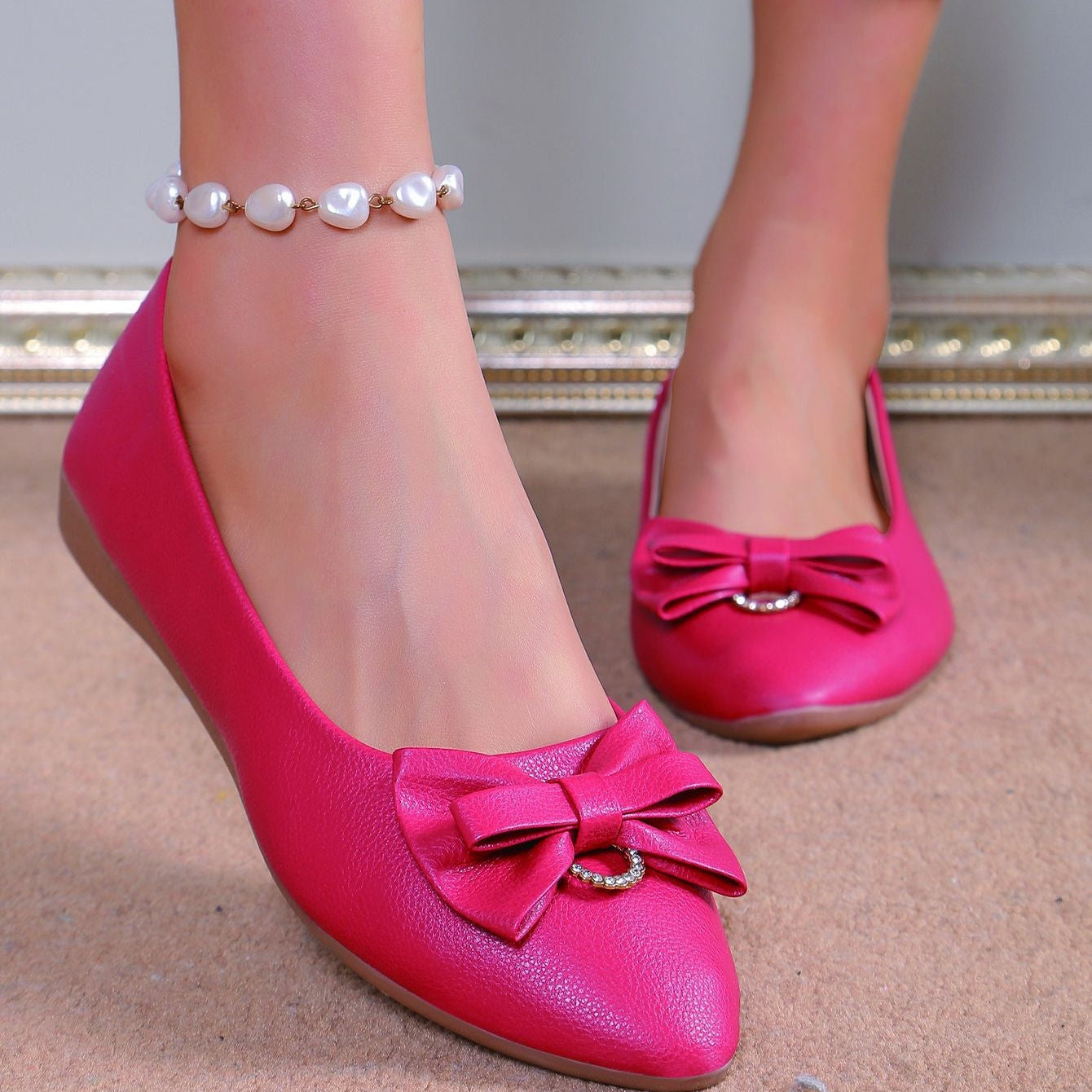 Women Pointed Toe Bow Flats with Rhinestone Comfort Low Wedge Shoes