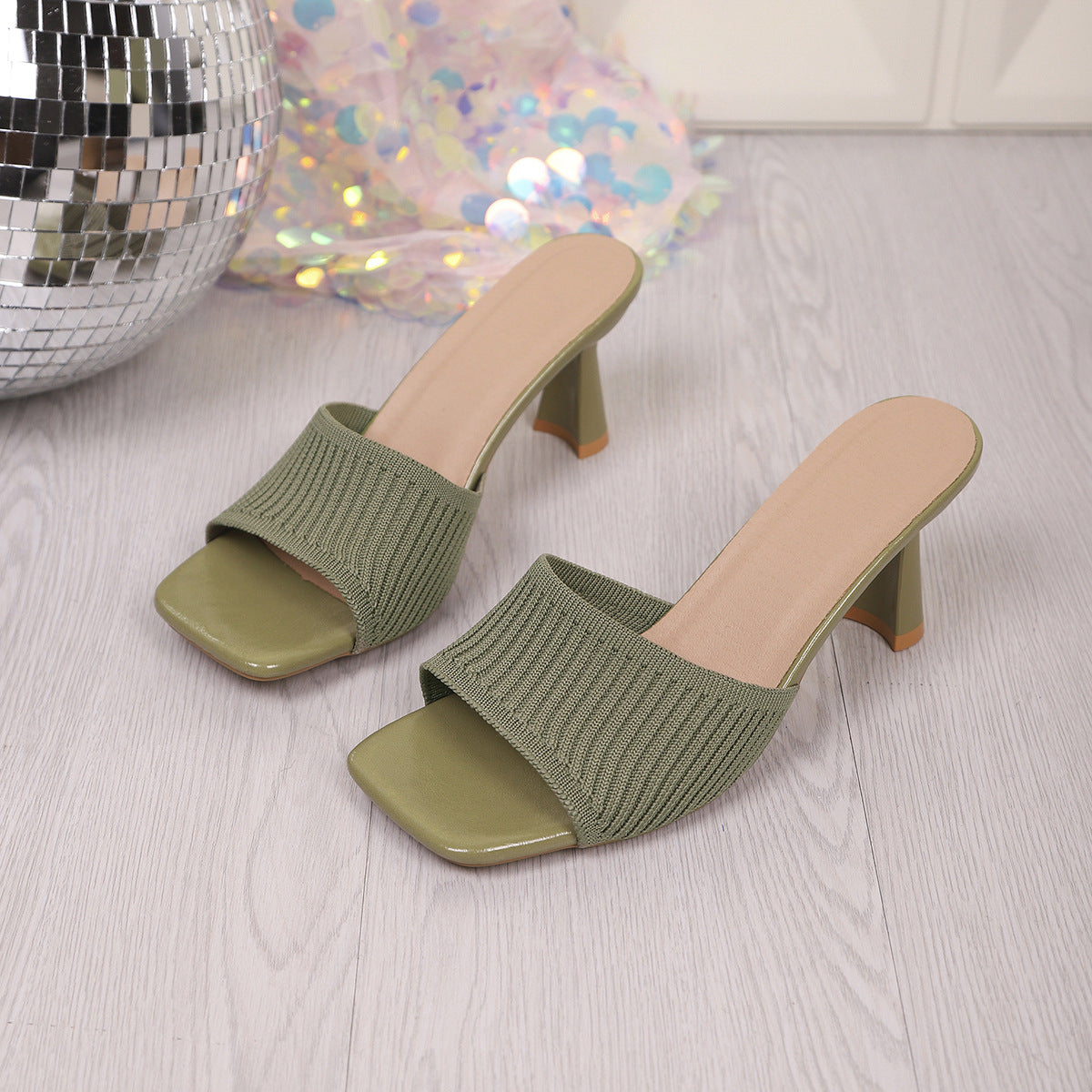 Ribbed Knit Square Toe Block Heel Mules – Comfortable Slip-On Sandals