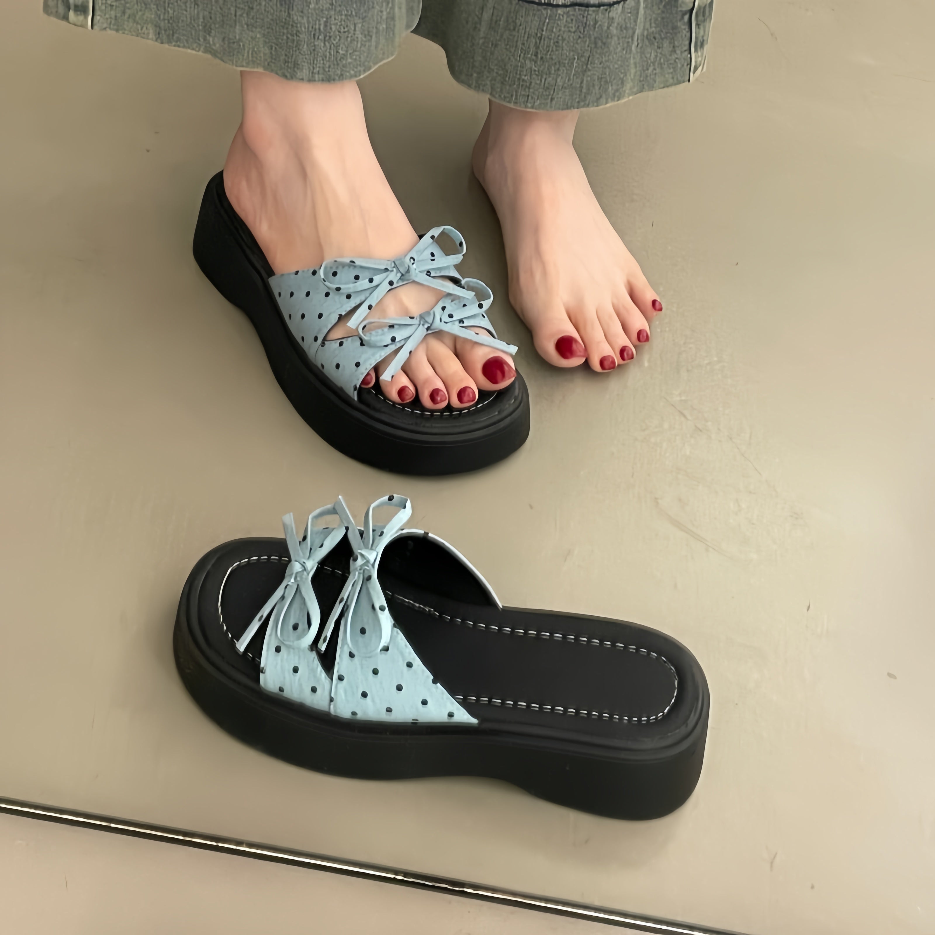 Polka Dot Bow Platform Slide Sandals Women - Chunky Thick Sole Summer Slippers