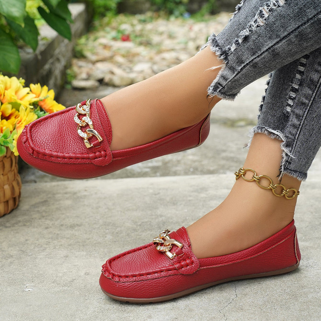 Women's Classic Chain Loafers with Gold Buckle Ornament – Comfortable Casual Slip-On Flats