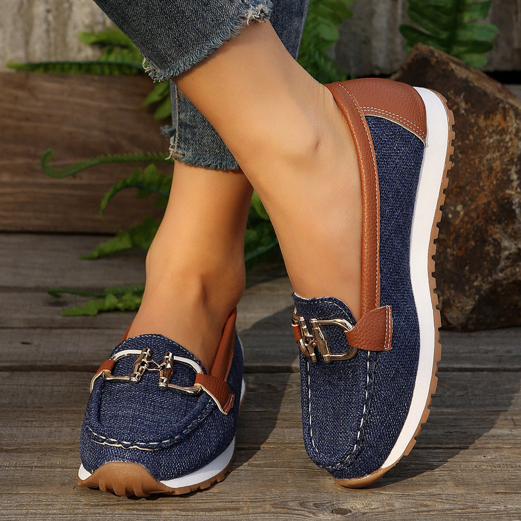 Women's Casual Loafers with Gold Buckle – Comfortable Platform Slip-On Shoes