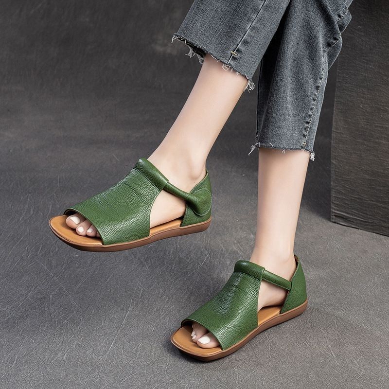 Women Pebbled Leather Open Toe Ankle Strap Flat Sandals - Comfort Casual Summer Shoes