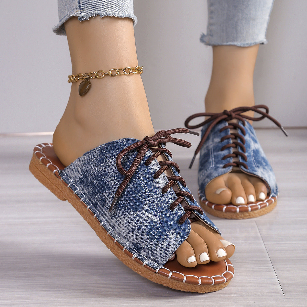 Women's Lace-Up Peep Toe Slide Sandals Casual Comfort Flat Sandals