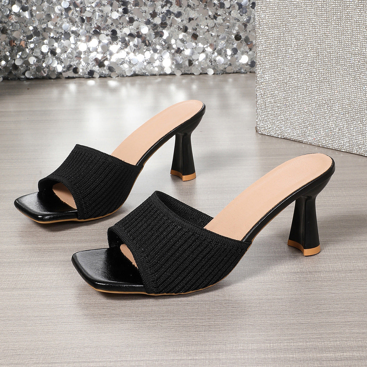Ribbed Knit Square Toe Block Heel Mules – Comfortable Slip-On Sandals