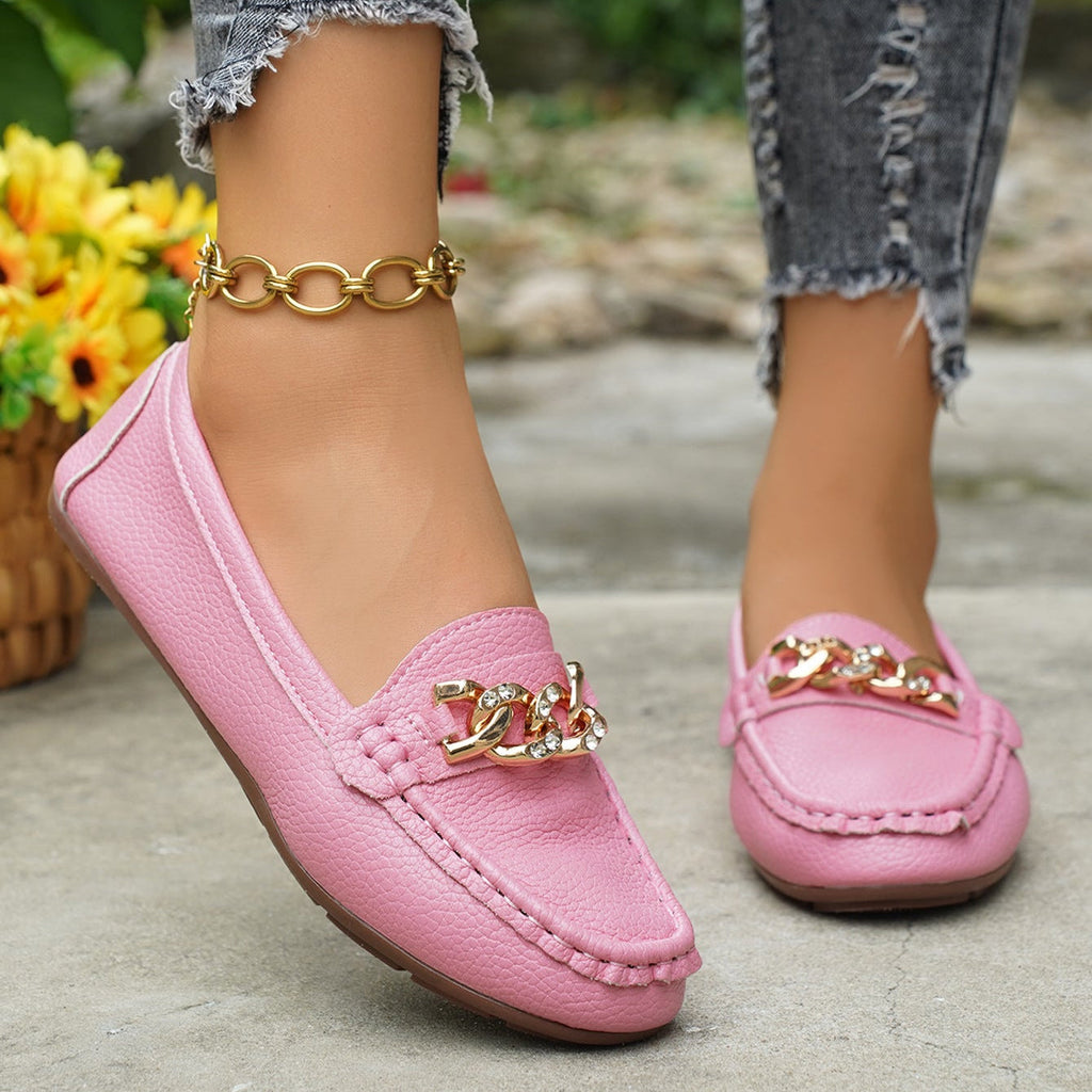 Women's Classic Chain Loafers with Gold Buckle Ornament – Comfortable Casual Slip-On Flats