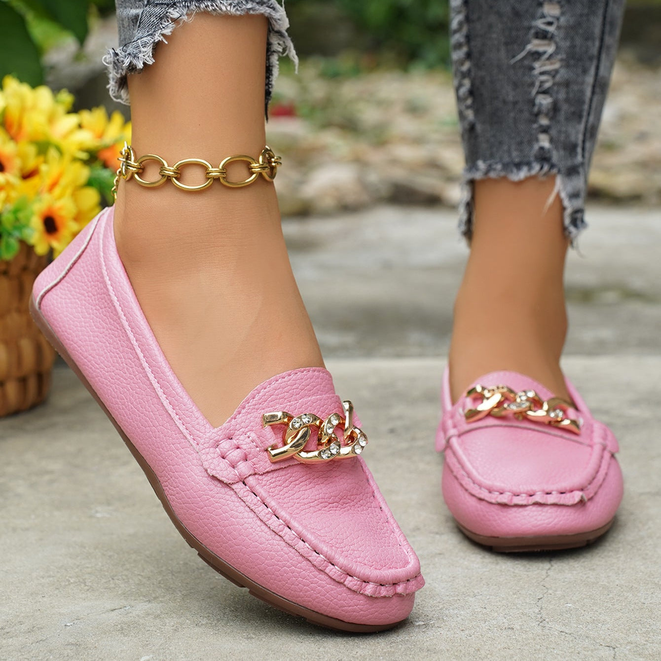 Women's Classic Chain Loafers with Gold Buckle Ornament – Comfortable Casual Slip-On Flats