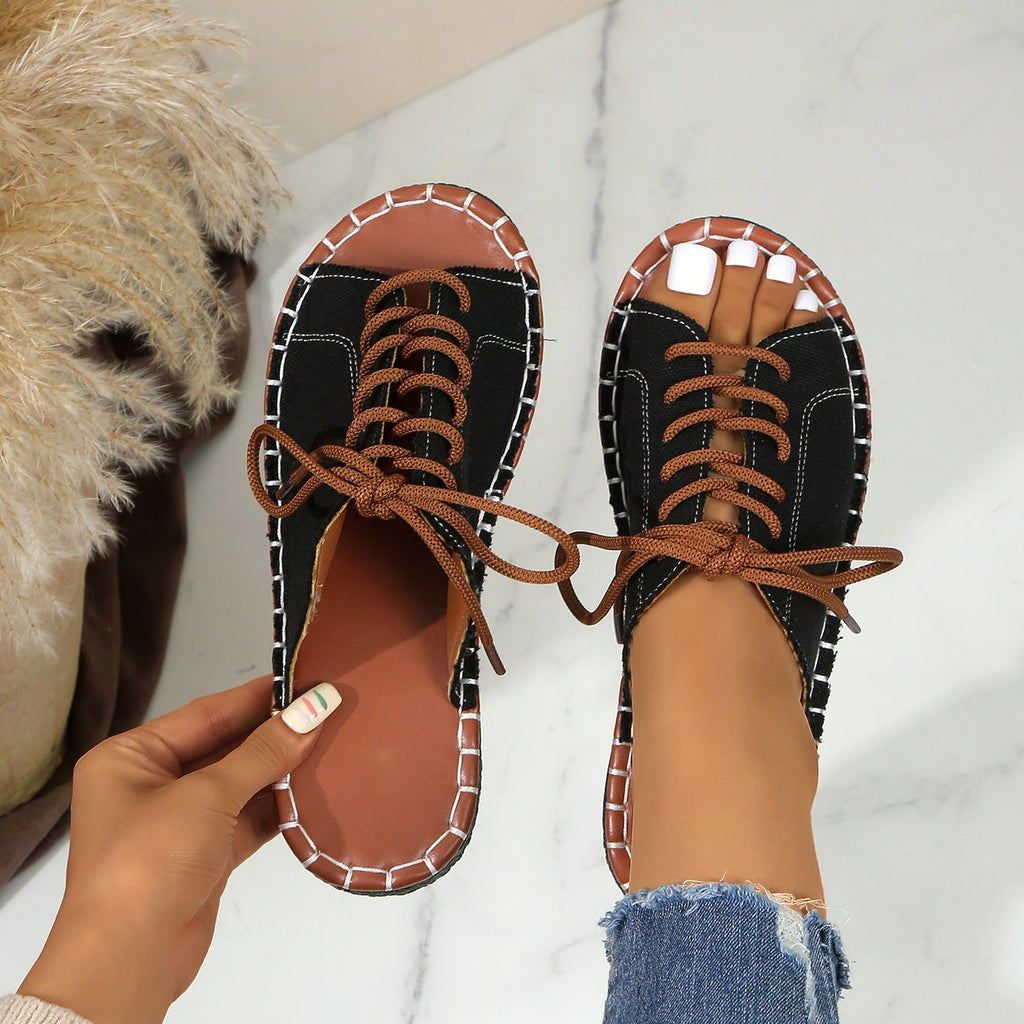 Women's Lace-Up Peep Toe Slide Sandals Casual Comfort Flat Sandals