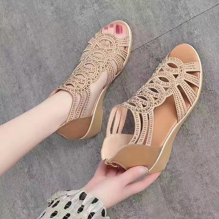 Women Peep Toe Cutout Wedge Sandals Rhinestone Hollow Out Gladiator Style Shoes