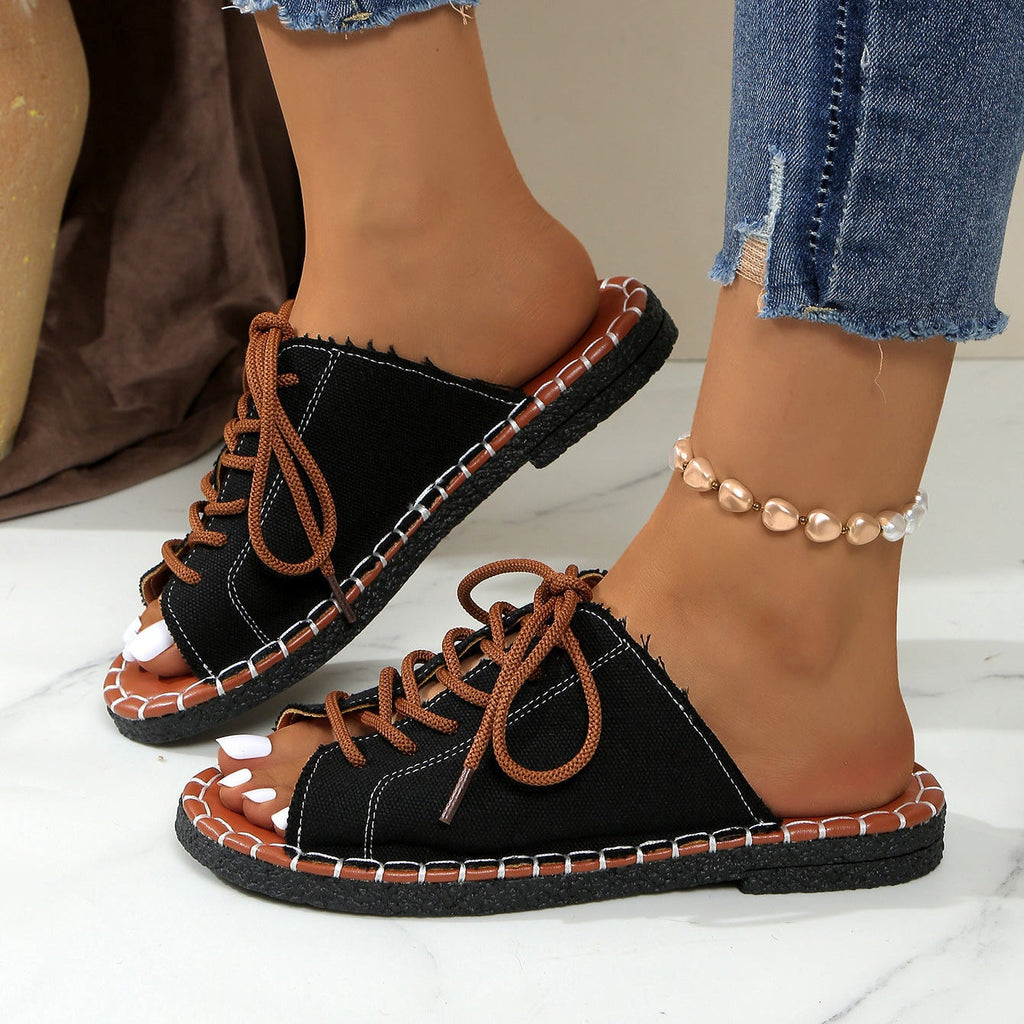 Women's Lace-Up Peep Toe Slide Sandals Casual Comfort Flat Sandals