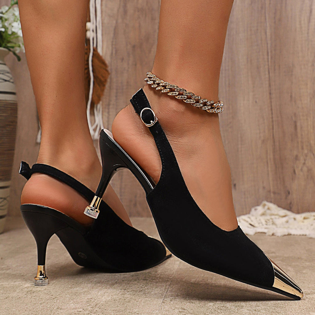 Pointed Toe Gold Cap Slingback Stiletto Heels – 7.5cm Sexy Thin Heel Sandals