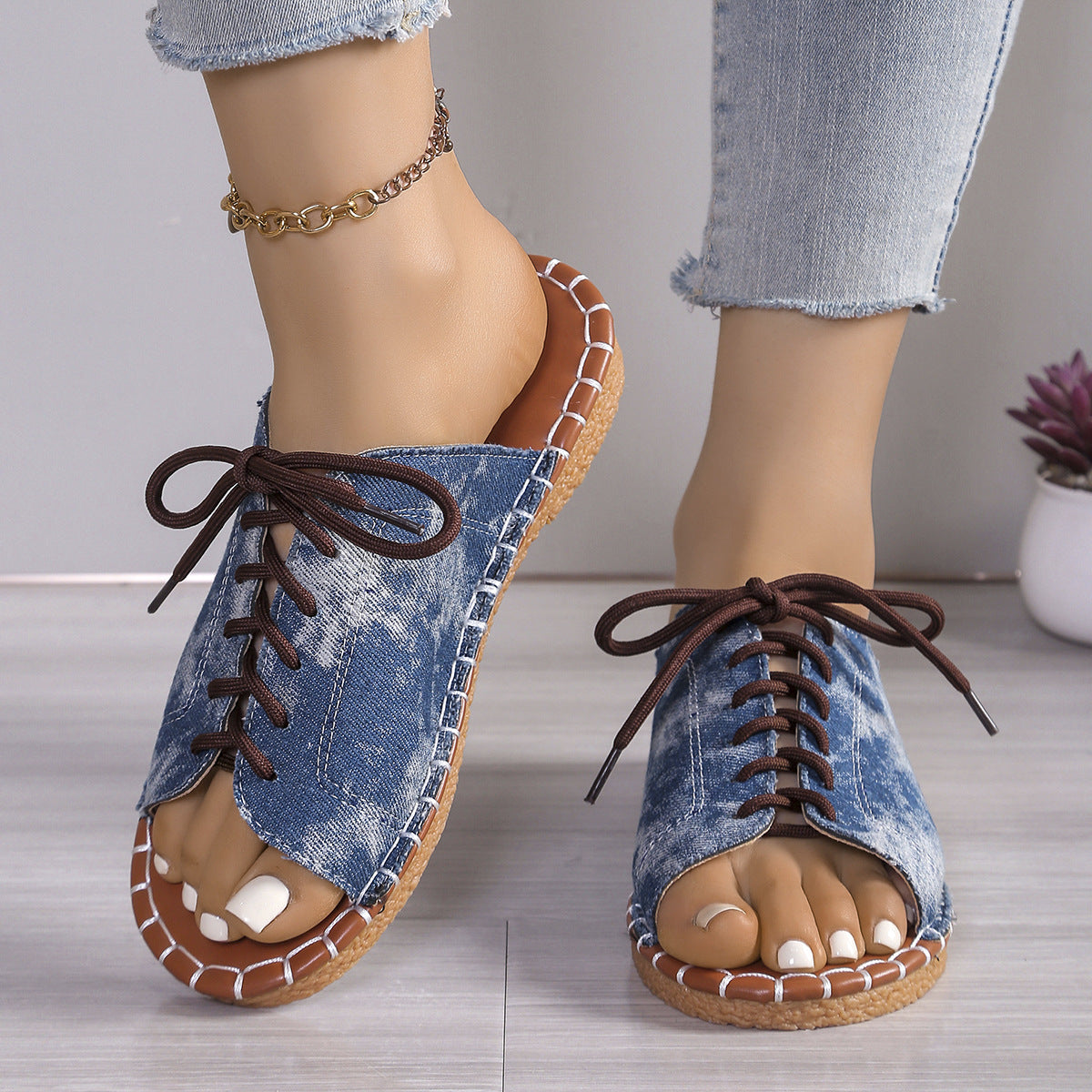 Women's Lace-Up Peep Toe Slide Sandals Casual Comfort Flat Sandals