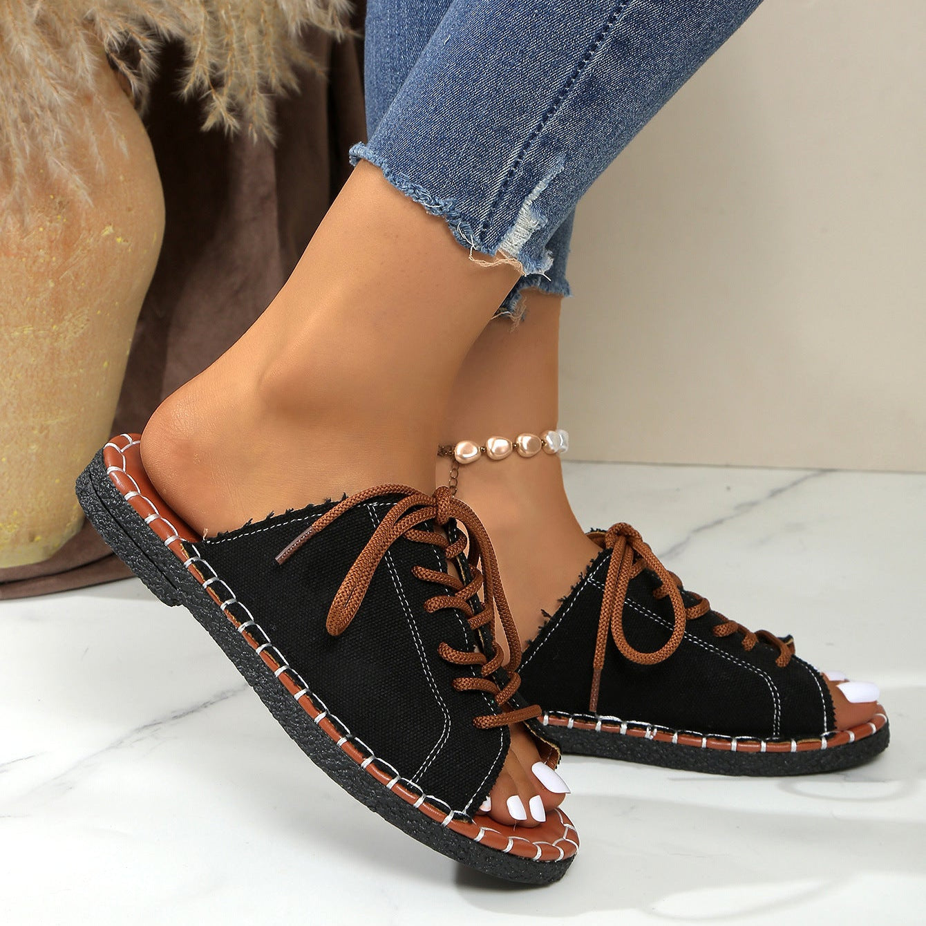 Women's Lace-Up Peep Toe Slide Sandals Casual Comfort Flat Sandals
