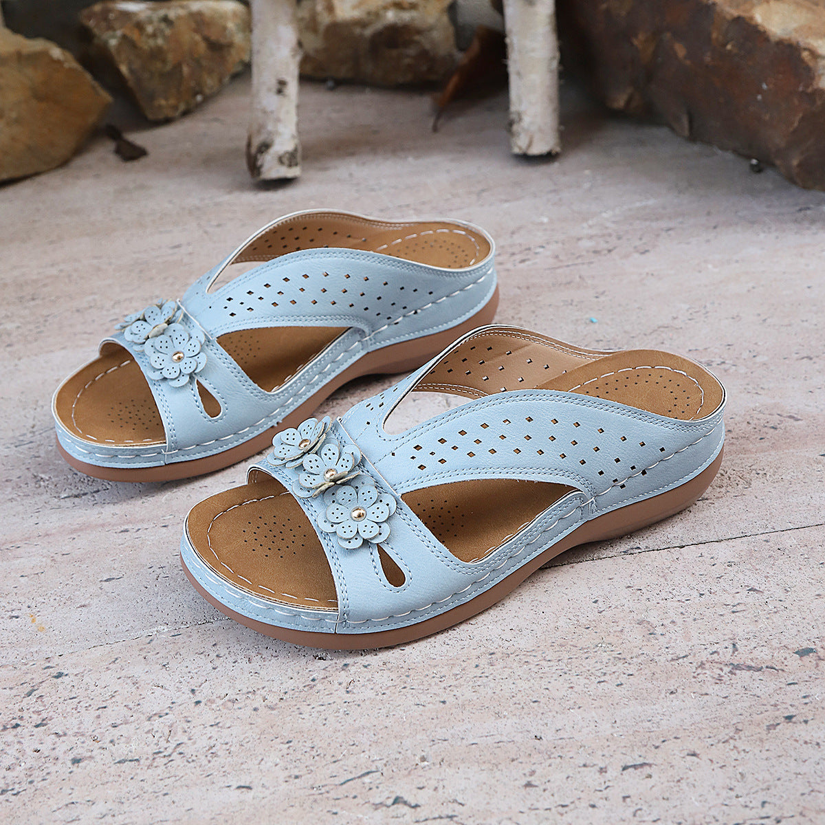 Women’s Platform Slide Sandals with Flower Embellishment – Perforated Breathable Comfort Wedges