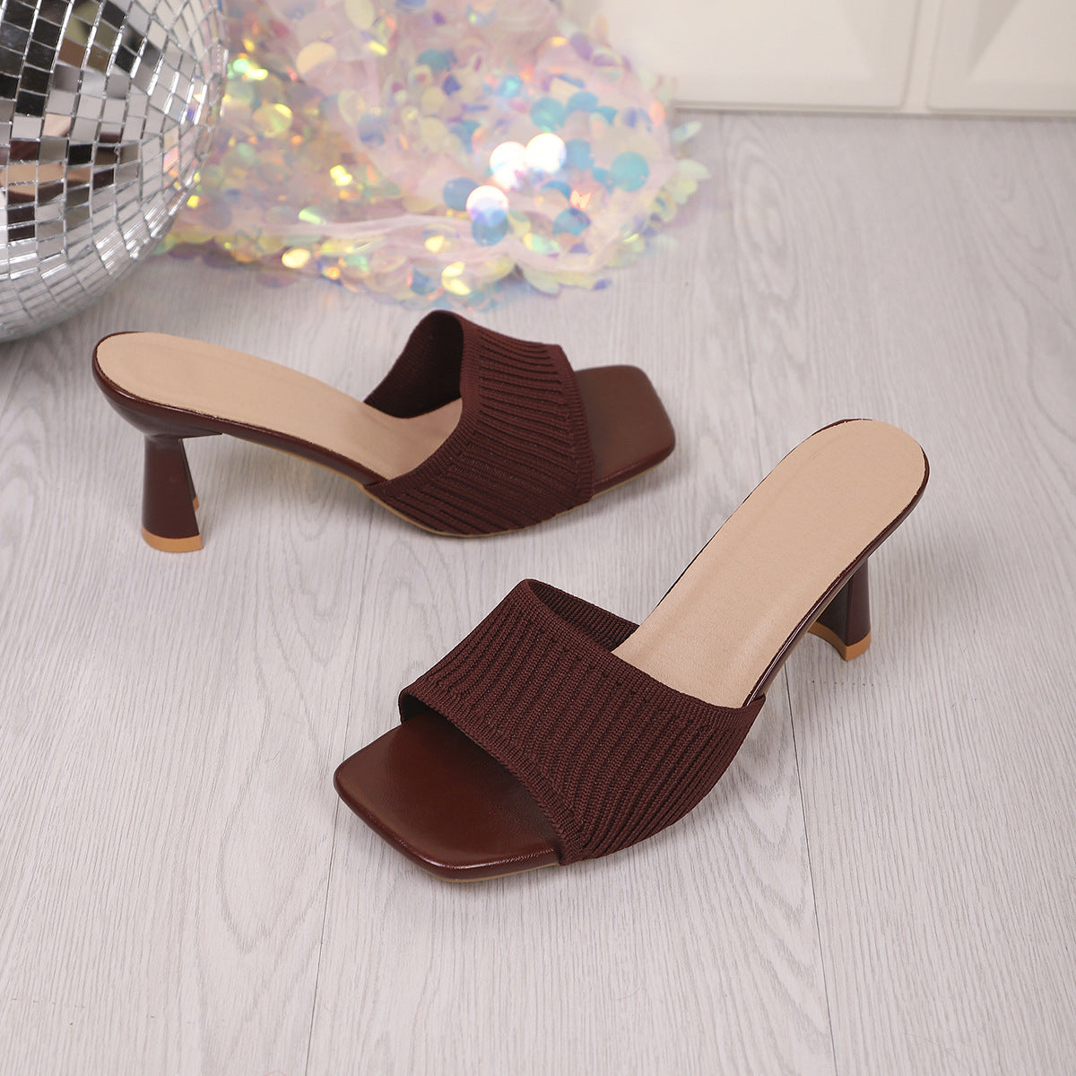 Ribbed Knit Square Toe Block Heel Mules – Comfortable Slip-On Sandals