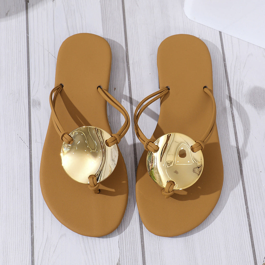 Women's Metallic Gold Disc Thong Flat Sandals – Comfortable Summer Flip Flops
