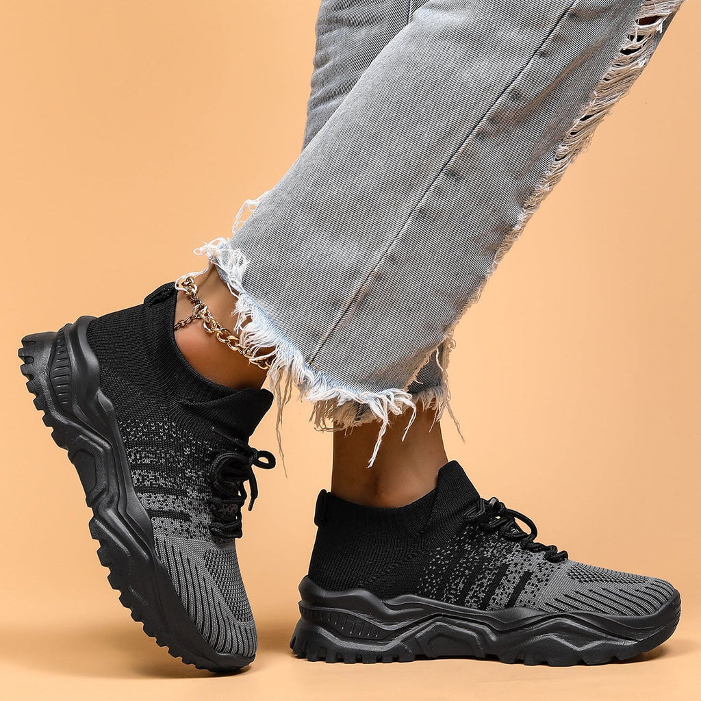 Women Knit Sneakers Chunky Platform Sock Shoes Lace Up Breathable Casual Trainers