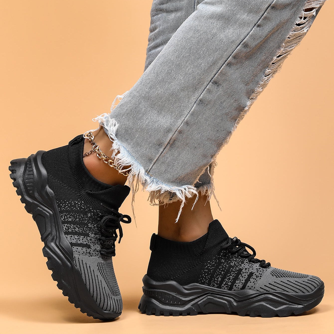 Women Knit Sneakers Chunky Platform Sock Shoes Lace Up Breathable Casual Trainers